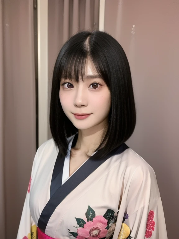 (kawaii 24 year-old Japanese girl, Nogizaka idol, Korean idol), (glossy black hair, medium bob cut:1.3), (extra rounded face, forehead, single eyelid, no makeup, soft smiling:1.2), (wearing light pink concept Kimono, Japanese traditional cloth, floral patt...