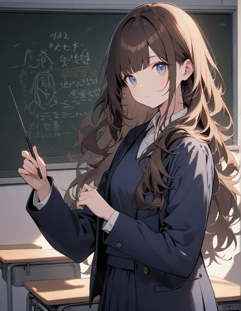 a girl, looking at the viewer, blue eyes, brown hair, long hair with bangs, disheveled hair, dressed in a dark blue school dress and a dark blue jacket, relaxed appearance, standing in a classroom, a teacher, near the blackboard, holding a pointer in her h...