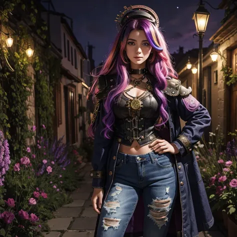 20 year old girl with multicolored locks wearing purple Steampunk clothing holding a Greek sadness mask torn jeans looking straight ahead towards the viewer on a night garden background with pink black mists