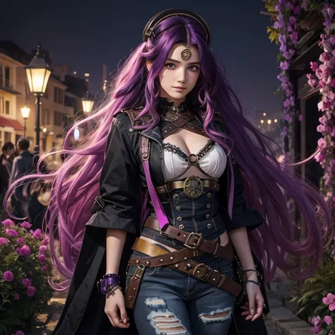 20 year old girl with multicolored locks wearing purple Steampunk clothing holding a Greek sadness mask torn jeans looking straight ahead towards the viewer on a night garden background with pink black mists