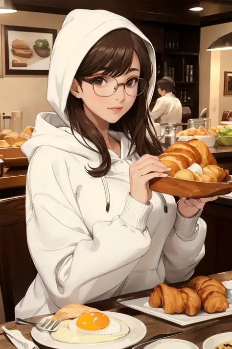 ((highest quality)), ((masterpiece)), (be familiar with), A beautiful girl with a perfect face, a very large and soft bust size, a white hoodie, round glasses, and fried eggs, salad, and croissants for breakfast.