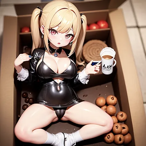 Photoreal、Chibi girl surprised by artistic cafe latte art、big big coffee cup、girl inside coffee cup、Super big breasts、camel toe、huge tit、nipple puff、cleavage、Adult atmosphere、Temptation、lure、earrings、earrings、necklace、thick lips、heterochromia、bangles、Caste...