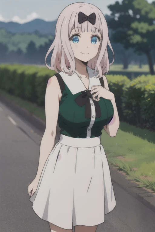 highest quality, (masterpiece:1.2), be familiar with,
fujiwara chika (Kaguya-sama),
1 girl, alone, closed mouth, smile,
pink hair, blue eyes, (huge breasts:1.3)
sleeveless shirt, green shirt, white skirt,
Are standing, looking at the viewer,
outdoor