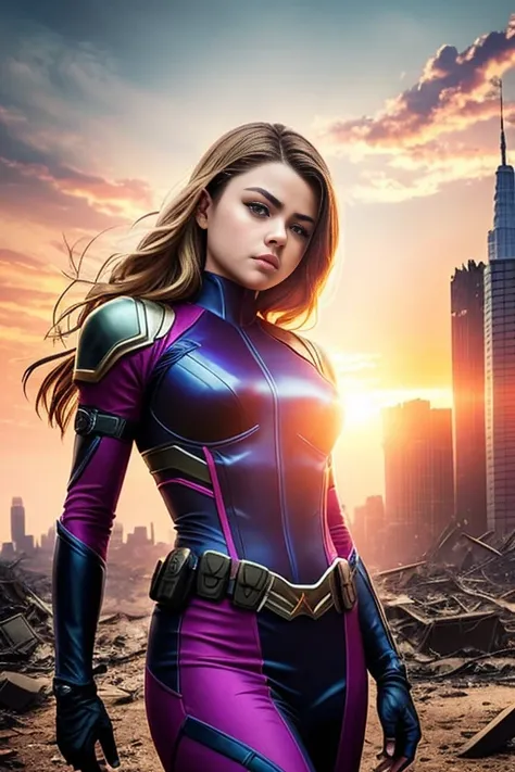 chloe grace moretz、torn suit、Im wearing a skirt、masterpiece, 1 girl, マーベルのサイロックとしてbeautiful女性, X-Men Psylocke Cosplay、purple suit、Fine and delicate features, futuristic new york background, Science fiction, blonde, super heroine, heroic, perfect balance, p...