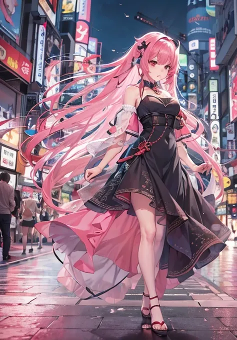 Tokyo, kabukicho, long hair fluttering in the wind, pink hair, High resolution, dress