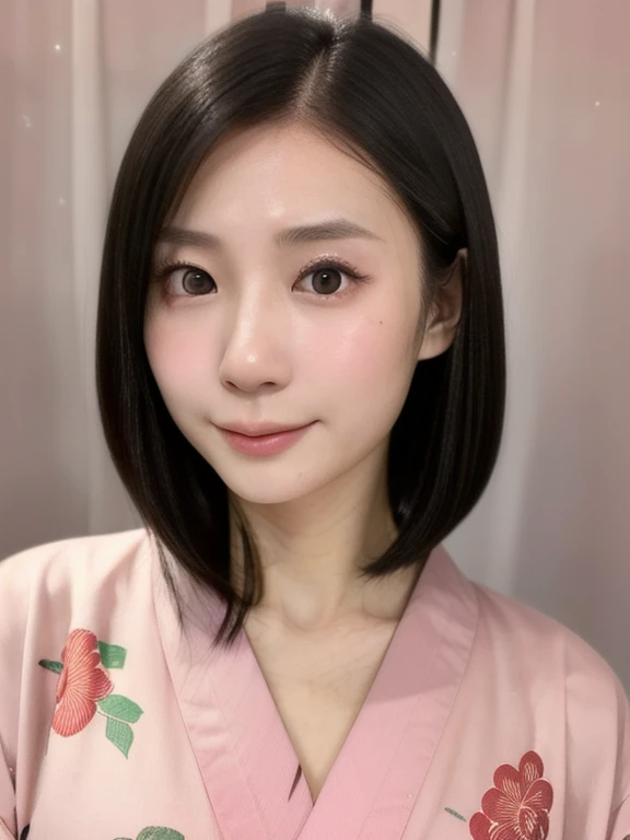 (kawaii 24 year-old Japanese girl, Nogizaka idol, Korean idol), (glossy black hair, medium bob cut:1.3), (extra rounded face, forehead, single eyelid, no makeup, soft smiling:1.2), (wearing light pink Kimono, Japanese traditional cloth, floral patterned:1....