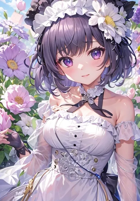 masterpiece, highest quality, Highly detailed 8K wallpaper, 1 girl, outdoor, helena(azur lane),strapless dress, dress, layered dress,White flower, hair ornaments, purple eyes, (choker), overview, (black gloves), barefoot,