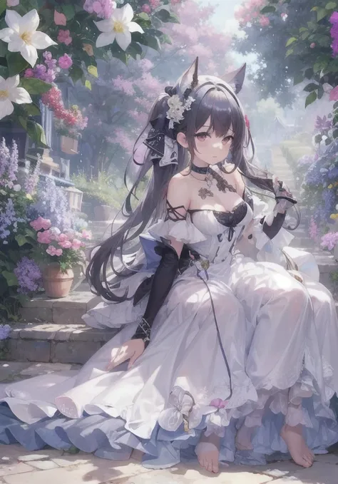 masterpiece, highest quality, Highly detailed 8K wallpaper, 1 girl, outdoor, helena(azur lane),strapless dress, dress, layered dress,White flower, hair ornaments, purple eyes, (choker), overview, (black gloves), barefoot,