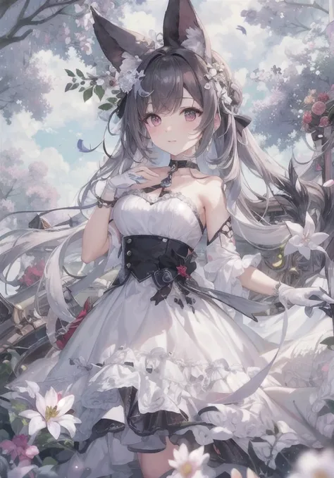 masterpiece, highest quality, Highly detailed 8K wallpaper, 1 girl, outdoor, helena(azur lane),strapless dress, dress, layered dress,White flower, hair ornaments, purple eyes, (choker), overview, (black gloves), barefoot,