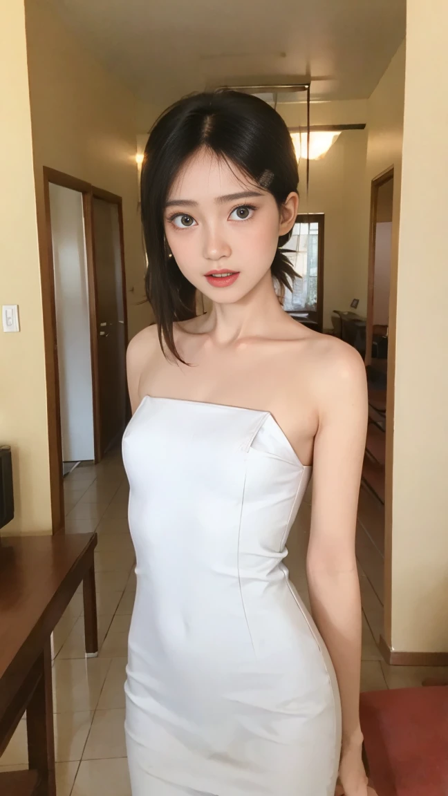 innocent face, (((realisitic)))a picture, ​masterpiece, top-quality, 1girl in, a slender waist, top-quality, pale-skinned, black...