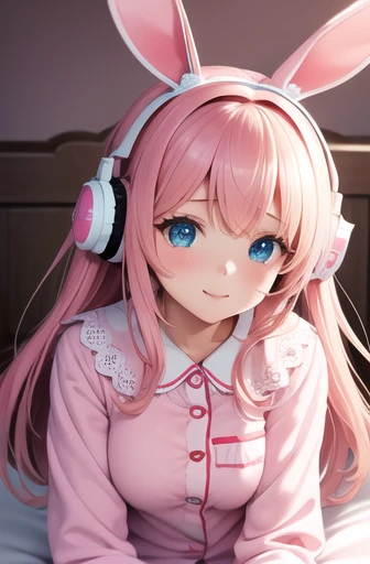 A super cute image captures a girl sitting on her bed, wearing plush pajamas. Her eyes sparkle with joy as she wears a large pink headset shaped like rabbit ears. Every detail is portrayed with realism, from the soft textures of the pajamas to the delicate...