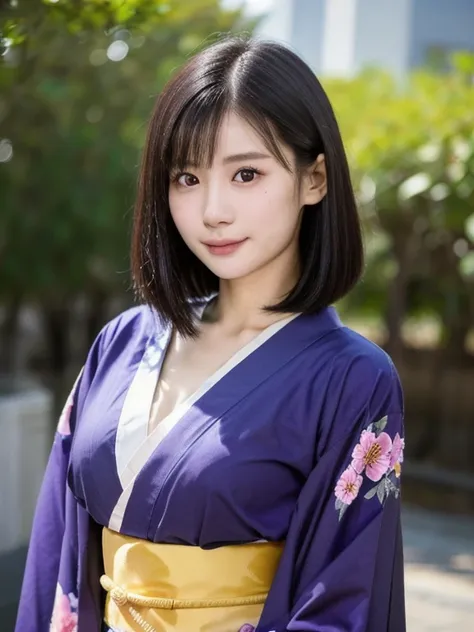 (kawaii 24 year-old Japanese girl, Nogizaka idol, Korean idol), (glossy black hair, medium bob cut:1.3), (extra rounded face, forehead, single eyelid, no makeup, soft smiling:1.2), (wearing light purple Kimono, Japanese traditional cloth, floral patterned:...