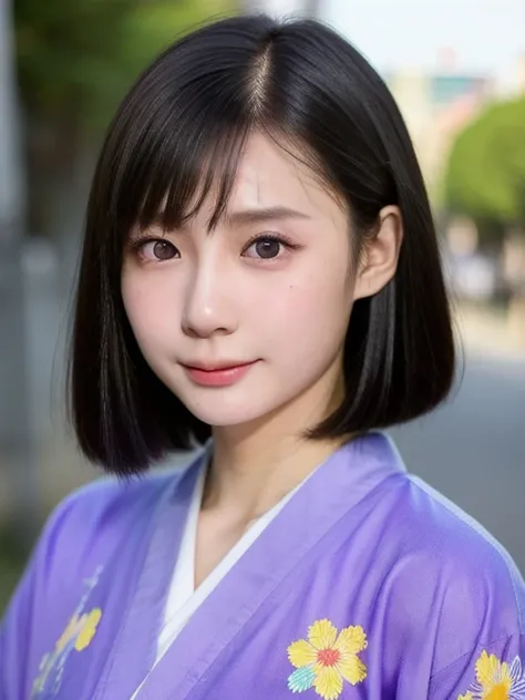 (kawaii 24 year-old Japanese girl, Nogizaka idol, Korean idol), (glossy black hair, medium bob cut:1.3), (extra rounded face, forehead, single eyelid, no makeup, soft smiling:1.2), (wearing light purple Kimono, Japanese traditional cloth, floral patterned:...