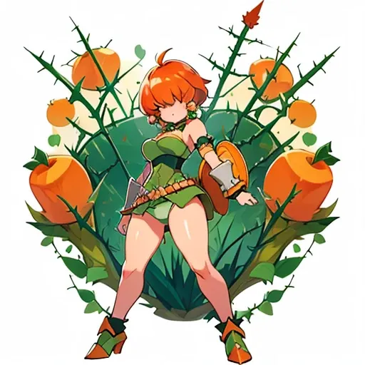 High quality,orange hair,short hair, fluffy hair,breasts,Curvy legs, Green Earrings,panties Armor with thorns, pearl Necklace