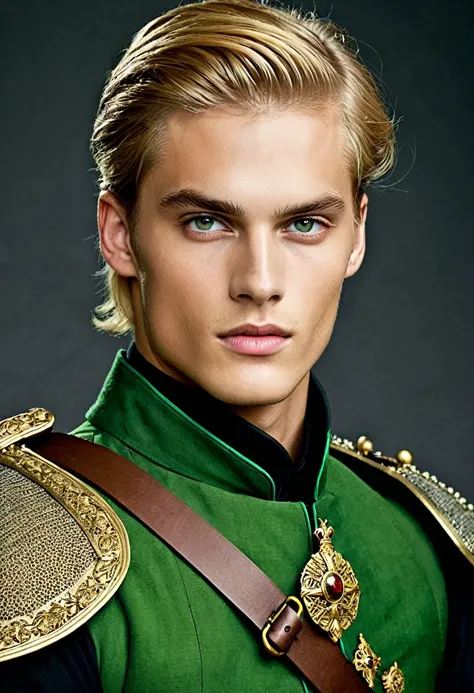 Neels Visser is a prince who has golden blonde hair, usa uma roupa militar medieval verde musgo, olhando para frente com um olhar penetrante verde esmeralda. corpo todo, arte de Greg Rutkowski