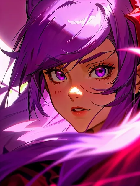 purple haired girl with purple hair and red eyes holding a purple brush, red and purple coloring, some red and purple, realistic anime artstyle, red mage cape and purple hair,  vivid purple eyes, 