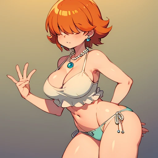 High quality,orange hair,short hair, fluffy hair,breasts,Curvy legs,Earrings,panties,in amor,pearl Necklace