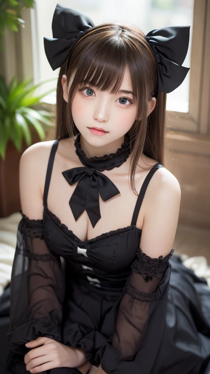 whole body , highest quality, One girl, (美しいgirl, cute:1.3), (15 years old:1.3), very fine resolution, (symmetrical eyes:1.3), (fairyland:1.1), (gothic lolita fashion:1.1), small breasts, brown eyes, parted bangs, brown hair,  girl