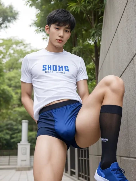 16 years old teenagers , very young , light-skin , wearing an dark blue sexy underwear, tmasterpiece，k hd，the feet ，black long socks，The barefoot , blue colour , handsome and cute , extreme cute boy , white skin , dark blue underwear boxers shorts , extrem...