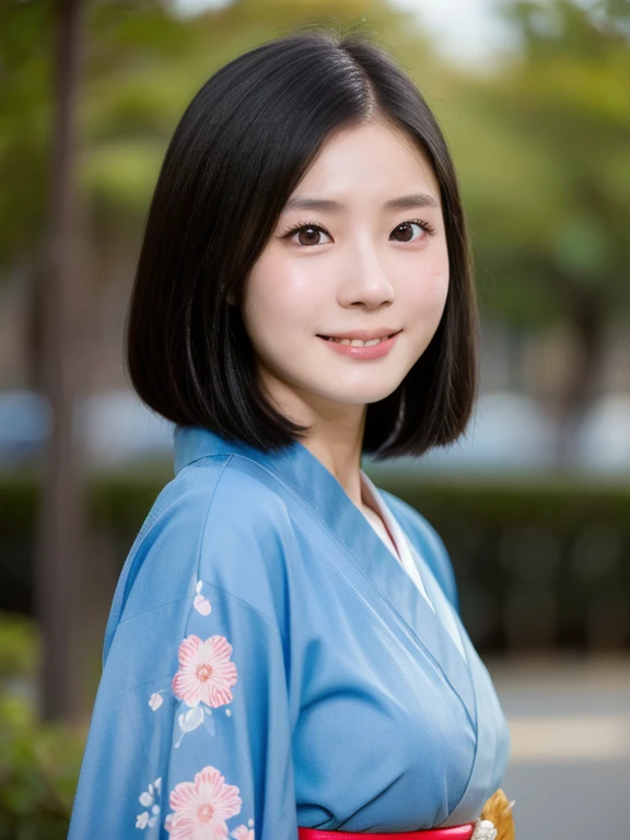 (kawaii 24 year-old Japanese girl, Nogizaka idol, Korean idol), (glossy black hair, medium bob cut:1.3), (extra rounded face, forehead, single eyelid, no makeup, soft smiling:1.2), (well shaped whitened teeth:0.7), (wearing light blue Kimono, Japanese trad...