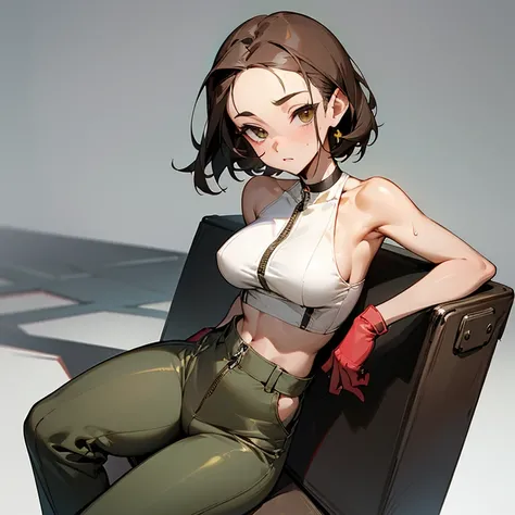 sexy pose、sitting、slender、big breasts、Goggles on foreheadをつけている、small ass、A slender and delicate mechanic girl、Roomy clothes、Dowel dowel trousers、oversized cargo pants、It&#39;s a bellybutton、Front zip high neck top、crop top、bare shoulders、off shoulder、work...