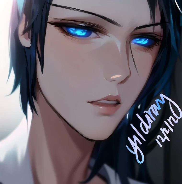 anime boy with blue eyes and a black hair, sideways glance, hidari, gildhardho, godrays digital painting, halfbody portrait, g liulian art style, drawn with photoshop, inspired by Sadamichi Hirasawa, halfbody headshot, guido, with out shading, gapmoe yande...