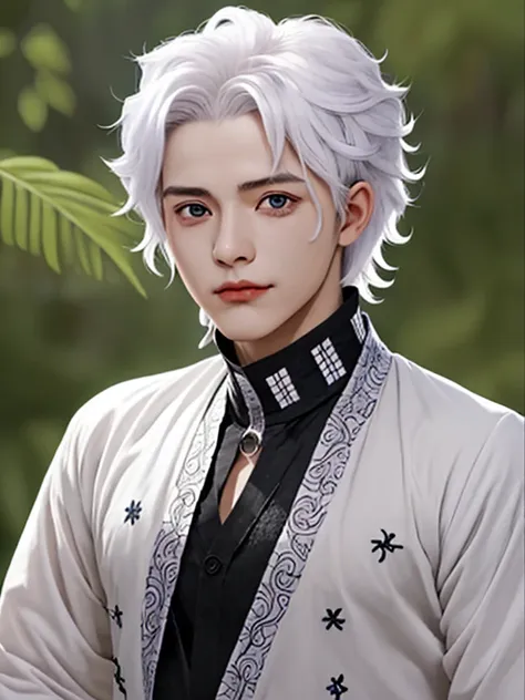 Demon Slayer Swordsman, (sanemi shinazugawa), un hombre musculoso de aspecto imponente, pale skin, albino, short, wild-looking white hair with one strand of hair in the center and another on one side of the face, tiene varias cicatrices horizontales en la ...