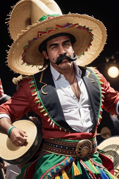 use uploaded portrait and add a Mexican HAT or Sombrero on his head. and add a exagerated handlebar mustache and a few musical notes dancing in the air around his head, to suggest a festive Cinco de Mayo effect