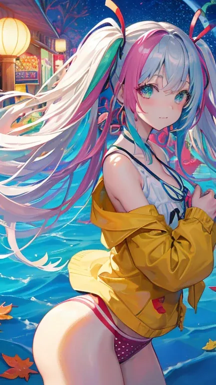 (rainbow colored hair, colorful hair, half silver、half pink hair: 1.2), ,long hair、(Cinematic digital artwork: 1.3), high quality, table top, Turquoise eyes、最high qualityの, Super detailed, figure, [4K digital art]!!、 Kyoto animation style, one woman, clavi...