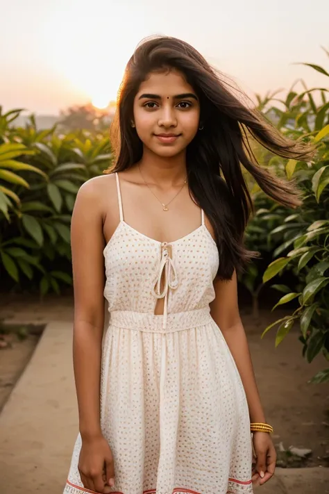 RAW photo, a portrait photo of cute college girl, Indian college girl, 18 years old, cute, sundress, slim, fitness girl, natural skin, blonde, interior, sunset, 8k uhd, high quality, film grain, Fujifilm XT3