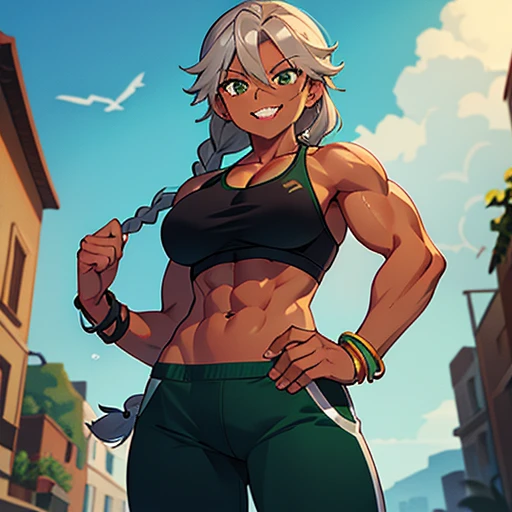 Muscular,women,gray hair,brown skin,Lazio hair, a braid over the shoulder, green eyes,black gym bra,pants,Sharp teeth,smile,Bracelet on left hand ,solo,breasts,point at viewer