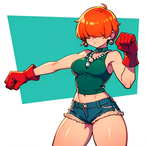 High quality,orange hair,short hair, fluffy hair,toned,breasts,Curvy legs,Earrings,pearl Necklace,denim shorts,red gloves,Green blouse, punching at viewer 