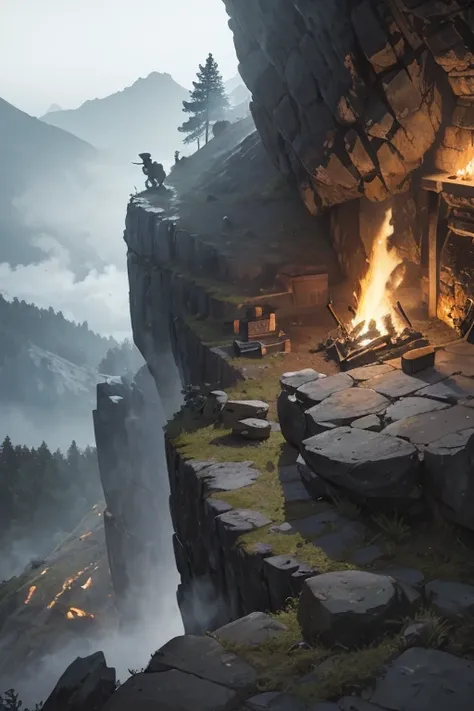 inside of a slavic smithy up on the mountain, thatched roof, smithy on a rocky cliff, blacksmithing equipment, ((big anvil)), (blacksmithing hammers), (tongs on the wall), smoldering coals in the forge, foggy 