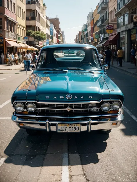 An award-winning color photograph of a vibrant boulevard filled with classic 1964 Impala cars in the foreground and a traffic light pole with street markings.  illuminated by the joyful atmosphere of a party.  Inspired by the energetic works of Frida Kahlo...