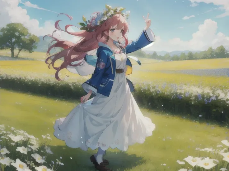 anime girl in a white dress and blue jacket in a field of flowers, cushart krenz key art feminine, marin kitagawa fanart, standing in a flower field, standing in flower field, official anime artwork, girl dancing in a flower field, zerochan art, anime visu...