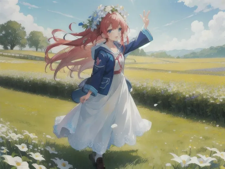 anime girl in a white dress and blue jacket in a field of flowers, cushart krenz key art feminine, marin kitagawa fanart, standing in a flower field, standing in flower field, official anime artwork, girl dancing in a flower field, zerochan art, anime visu...