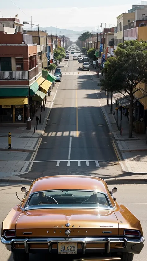 An award-winning color aerial drone photograph of a vibrant single-story retail boulevard lined with classic 1964 Impala cars in the foreground and a traffic light pole with street signs.  illuminated by the joyful atmosphere of a party.  Inspired by the e...