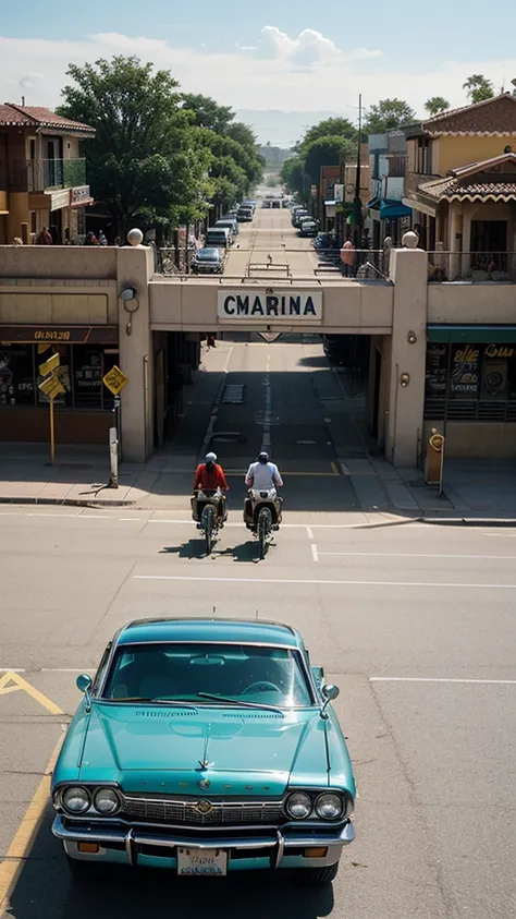 An award-winning color aerial drone photograph of a vibrant single-story retail boulevard lined with classic 1964 Impala cars in the foreground and a traffic light pole with street signs.  illuminated by the joyful atmosphere of a party.  Inspired by the e...