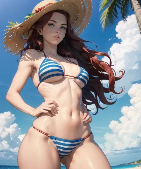 woman in her 20s, (perfect face), defined jawline, beautiful blue eyes, beautiful lips, (long red flowing wavy hair), (perfect anatomy), (athletic body), (sexy)(small breasts), (thick thighs), (perfect hands), (bikini with blue stripes), (straw hat), looki...