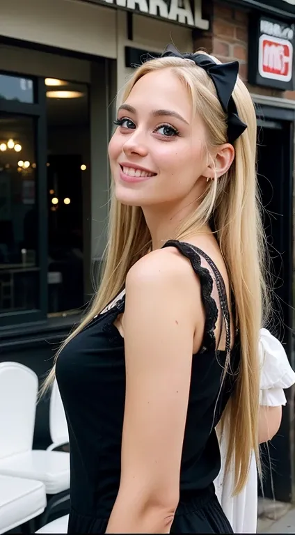 Arafa woman in a black dress standing in front of a restaurant, beautiful and smiling, Portrait of Sophie Mudd, beautiful blonde, with long blonde hair, long blonde hair and big eyes,  19 years old, her hair is long and straight, she is smiling, とてもwith lo...