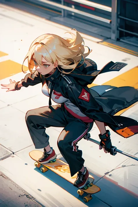 1 girl,solo,blonde white hair,skateboard,breasts,jacket