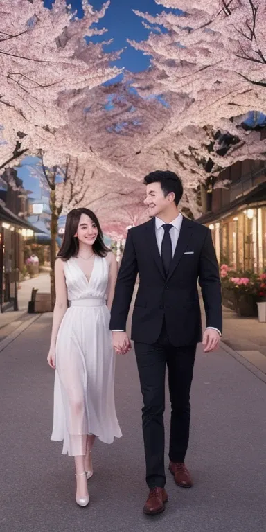 A man and a woman walk proudly holding hands.RTX, ray tracing, 가장 detailed, fancy, finely detailed, masterpiece, best quality, ultra-detailed, shining light, (detailed background, complex background:1.2), night, Cherry Blossom, detailed, 가장 detailed