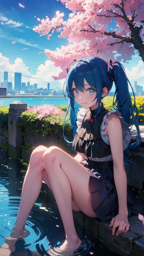 1 anime girl, alone,Black petals flutter, A mysteriously shining butterfly.city,Hatsune Miku,bright blue hair,bright blue jewel eyes,twin tails,thin legs,Gloomy cloudy sky,very clear,highest quality,smile,close up of face,Sit in the water,barefoot,cherry b...