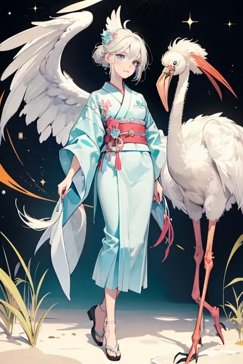 Blanche is a white ostrich with a blue-gray beak and light turquoise, grey, and white feathers on her tail and wings. She has shrimp pink legs and pale pink blush, as well as red-orange eyeshadow. Her eyes are black, beady, and shiny, and she has small blu...