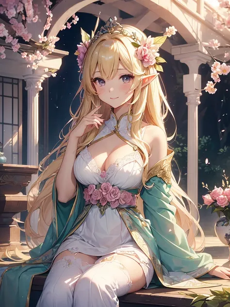 highest quality、Highest image quality、masterpiece、beautiful profile、、Titania、Super beautiful elf beauty((22 years old OL big bust、bust 90,beautiful long ironed hair、blonde、Height: 165cm。slender、sexy、Esbian、beautiful tiara、night、High quality、美しいart、美しいflowe...