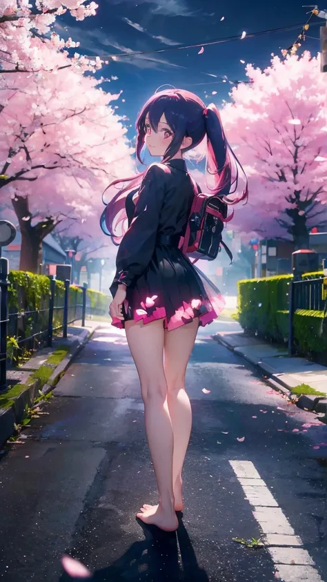 1 anime girl, alone,Black petals flutter, A mysteriously shining butterfly.city,bright pink hair,bright red jewel eyes,twin tails,thin legs,Gloomy cloudy sky,very clear,highest quality,smile,close up of face,look back,barefoot,cherry blossoms,turn to the s...