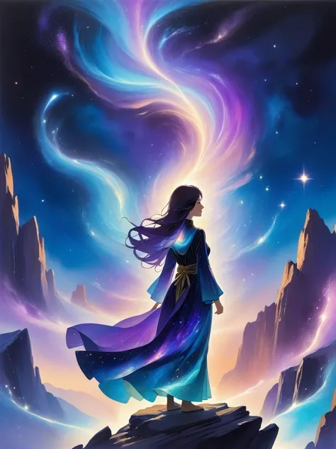 A figure stands on a cliff, enveloped in swirling streams of cosmic energy, amidst a dreamy, nebulous landscape. The silhouette of the person is wrapped in a flowing, ethereal gown that merges with the celestial currents. The sky is a tapestry of deep purp...