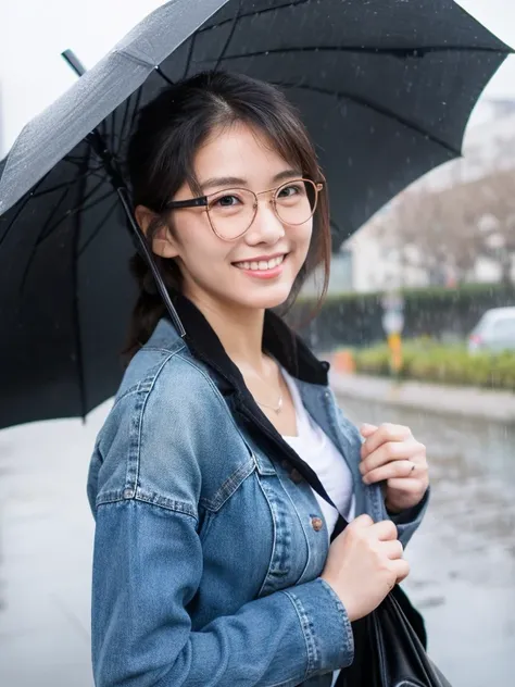 ((最high quality、8K、masterpiece、portrait:1.3)), hair, fine eyes, high quality, beautiful japanese woman, 38 years old, wear glasses，plump body, big breasts、cleavage，黒く長いhair、it&#39;s raining、Standing with an umbrella、Black Simple T-Shirt、The jacket is a gra...