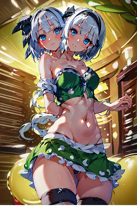 (masterpiece, best quality), best quality, (ultra-detailed), (3heads:1.5), 1girl, (ultra-detailed), (3heads:1.5), 1girl, (konpaku youmu:1.3), masterpiece, best quality, ultra quality, ultra resolution, ultra detail, green top, crop top, ((stomach)), midrif...