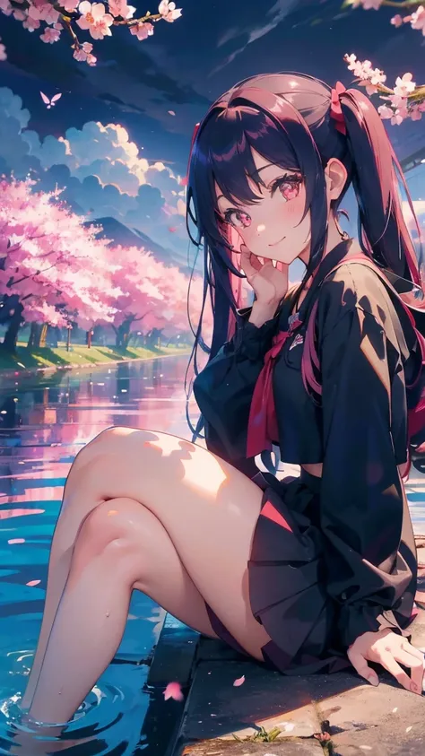 1 anime girl, alone,Black petals flutter, A mysteriously shining butterfly.city,bright pink hair,bright red jewel eyes,twin tails,thin legs,Gloomy cloudy sky,very clear,highest quality,smile,close up of face,Sit in the water,barefoot,cherry blossoms,turn t...